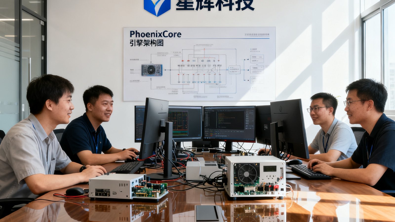 宽敞明亮的现代化办公室内，星辉科技研发团队成员围坐在长桌旁进行技术讨论，背景墙上挂着公司Logo和PhoenixCore引擎架构图，桌上摆放着多台显示器和测试设备，氛围专注而充满创造力。