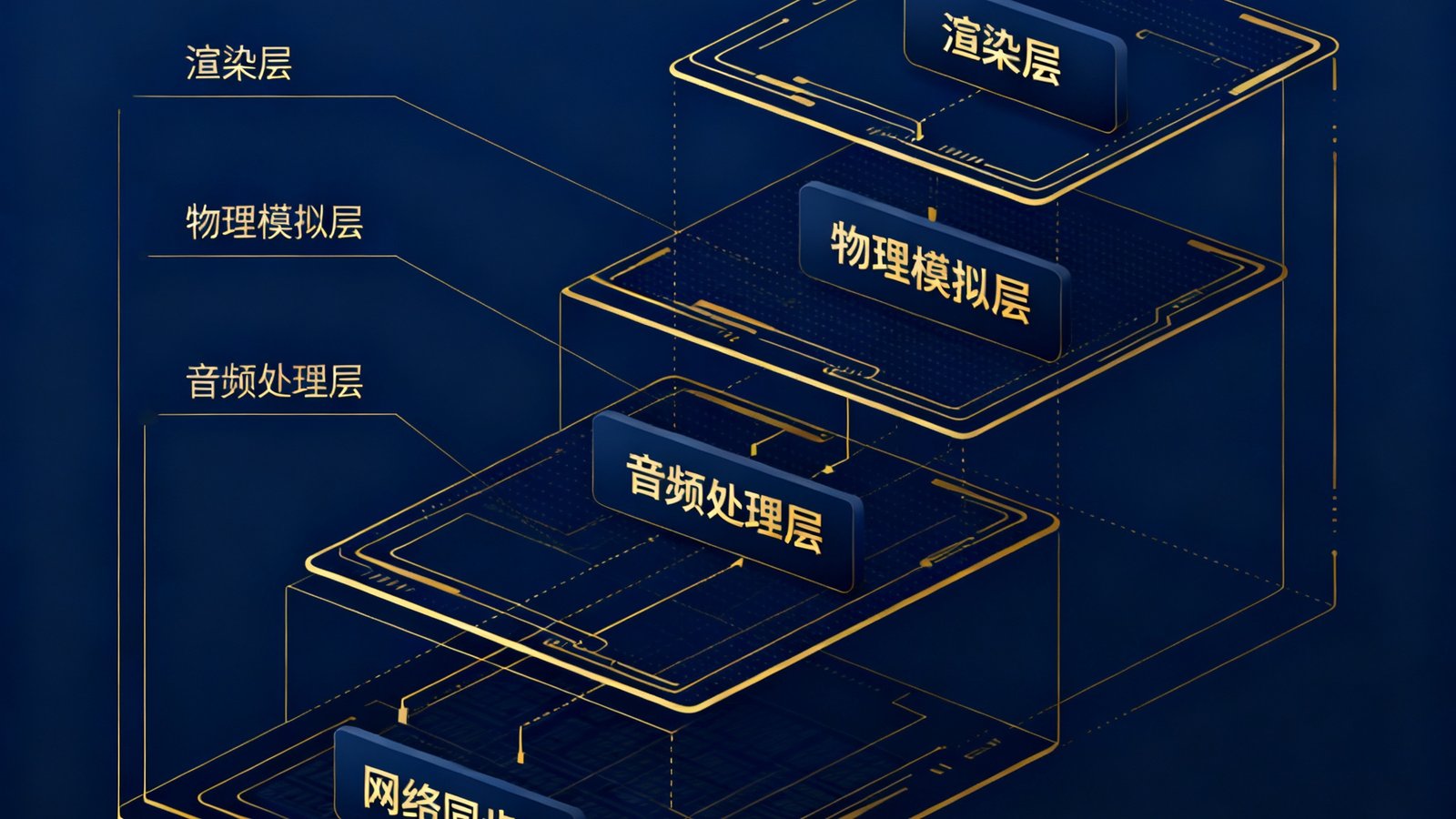 一张展示PG模拟器PhoenixCore引擎内部架构的技术示意图，画面以深蓝色为底，用金色线条勾勒出模块化架构层级，包含渲染层、物理模拟层、音频处理层和网络同步层。