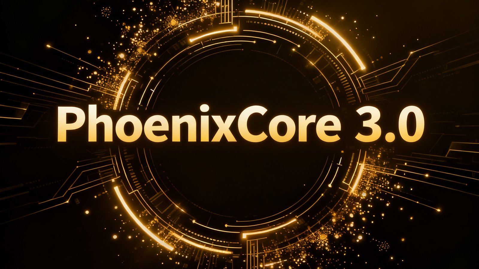 深色背景上展示PhoenixCore 3.0引擎的版本更新公告图，画面中央是醒目的版本号标识，周围有金色的科技感线条和粒子特效，突出重大更新的仪式感。