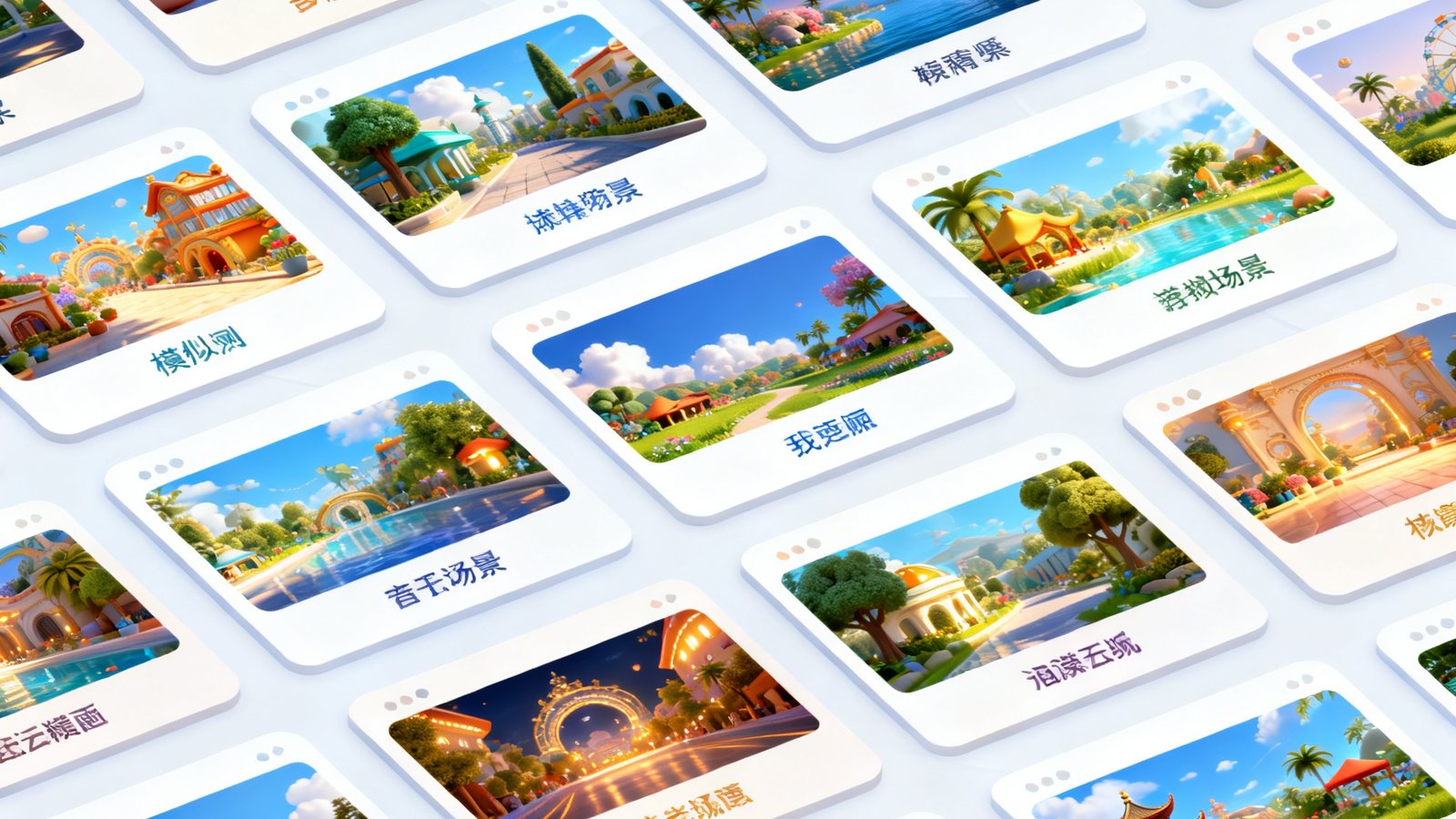 排列整齐的多个模拟场景卡片界面，每张卡片代表一个不同的模拟场景主题，卡片上有精美的缩略图和场景名称标签，整体布局清晰美观。